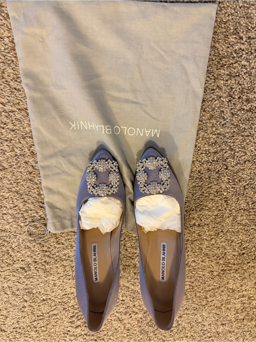 Manolo Blahnik Lavender Satin Crystal-Buckle Flats